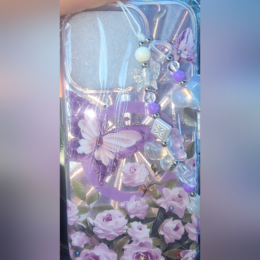 Iphone 15 Pro Purple Butterfly Phone Case with Beaded Charm